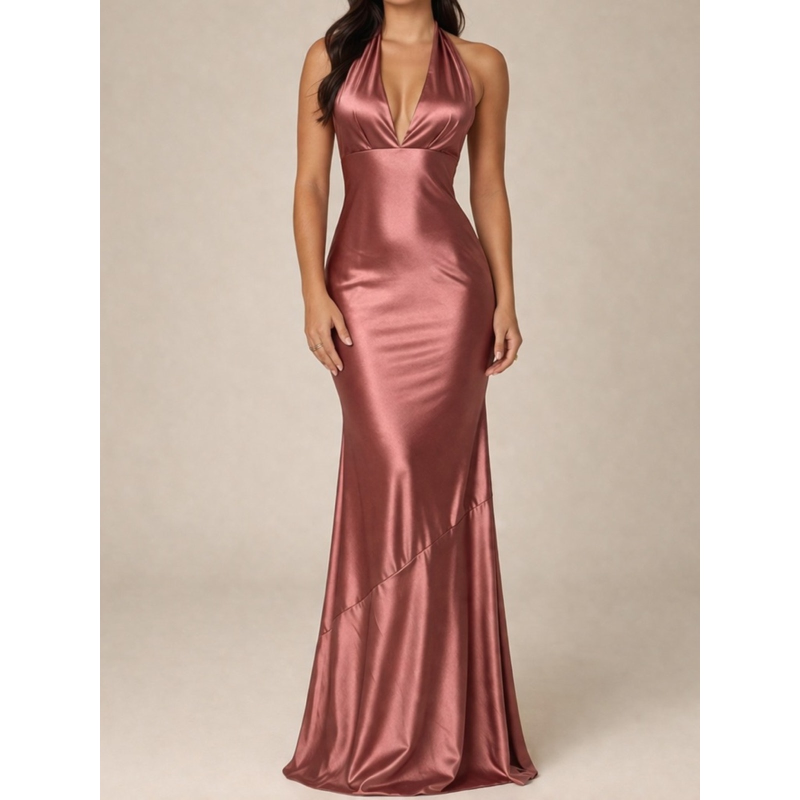 Revelry Women’s Cowl Back V Neck Sleeveless Pink Satin Maxi Formal Dress Size 4